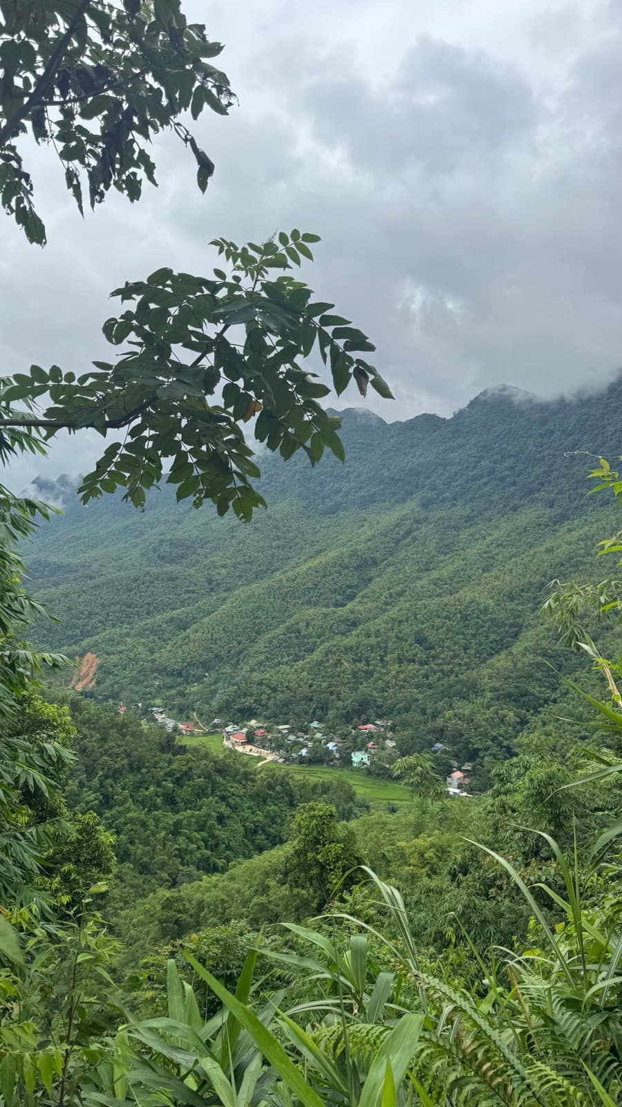 A green jungle valley and village under monsoon clouds