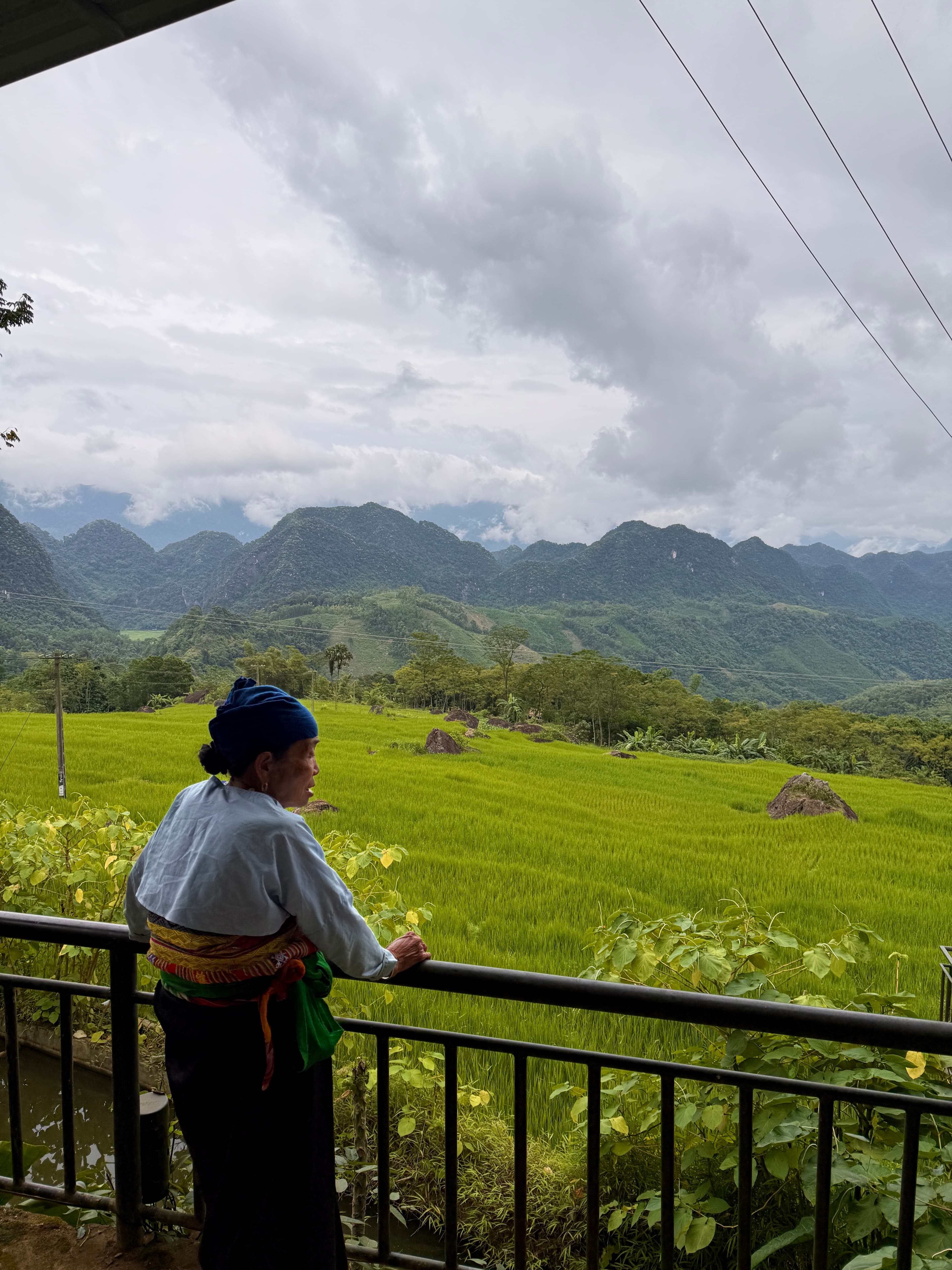 An elder in traditional dress gazing over the rice fields of Pù Luông