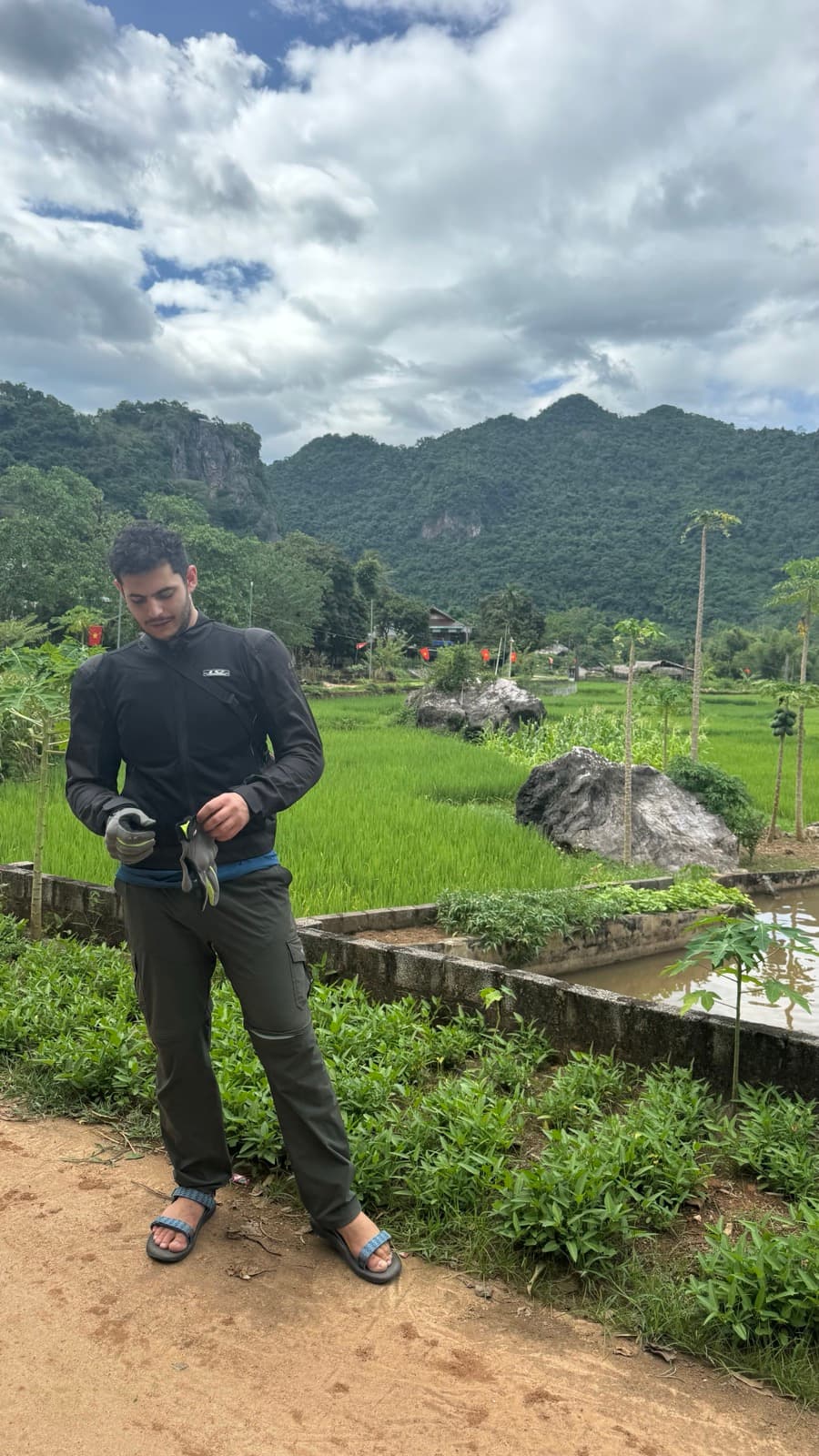 Standing among green rice fields below misty karst peaks in Mai Châu